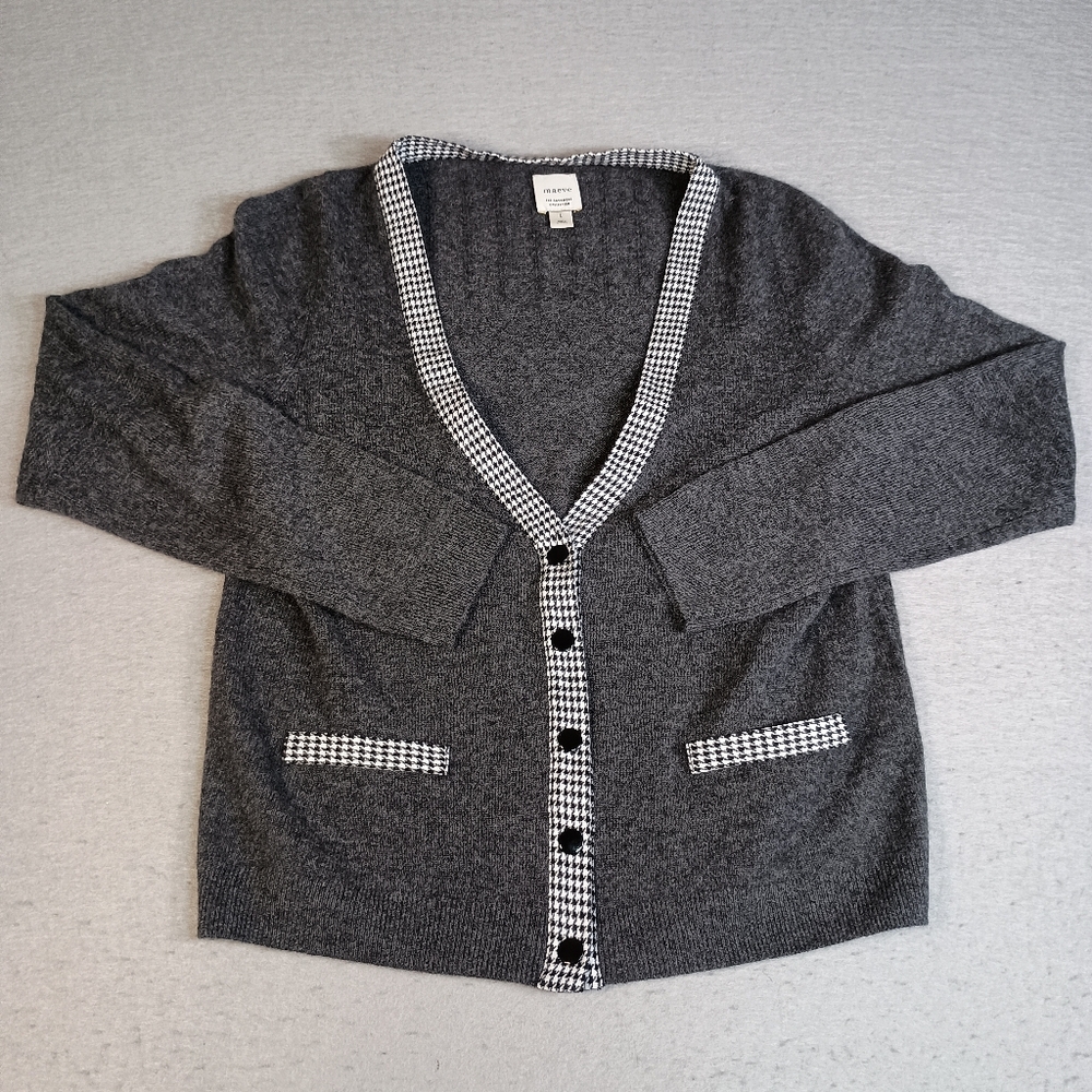 Maeve Anthropologie Cashmere V-Neck Large Houndstooth Trim Cardigan Sweater